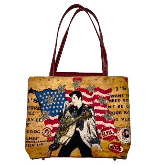 Ashley‎ M Women Embellished Patriotic Elvis Print Handbag Multicolor Beaded Flag - Picture 1 of 16